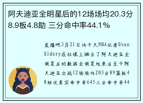 阿夫迪亚全明星后的12场场均20.3分8.9板4.8助 三分命中率44.1%